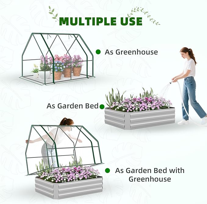Outsunny 4 x 3 x 3ft Raised Garden Bed with Mini Greenhouse, Galvanized Raised Garden Bed with Cover for Herbs and Vegetables, Small Greenhouse for Patio Garden Balcony, Clear