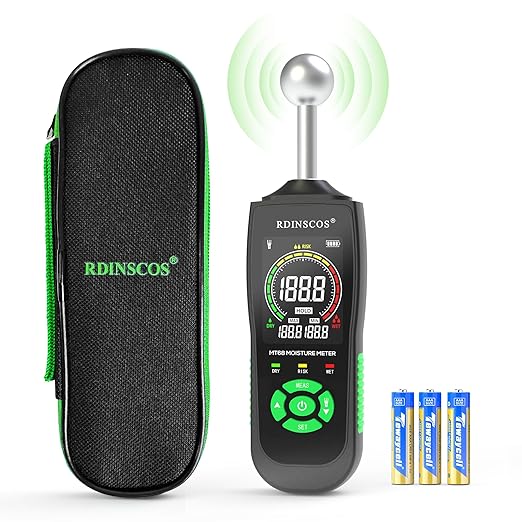 RDINSCOS Pinless Moisture Meter with Ball Sensor – Digital Moisture Detector for Walls, Wood, Drywall, Concrete – Non-Destructive Scanner with LED Flashlight & Custom Alerts