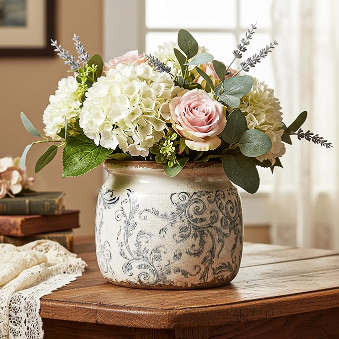 Vintage Planter Large Ceramic Plants Pot Beige Green Acanthus Leaf Ice Crack Cottage Scroll Vase Flower Vase Pot Indoor Plants Home Kitchen Decor Farmhouse Antique Decorative Gifts