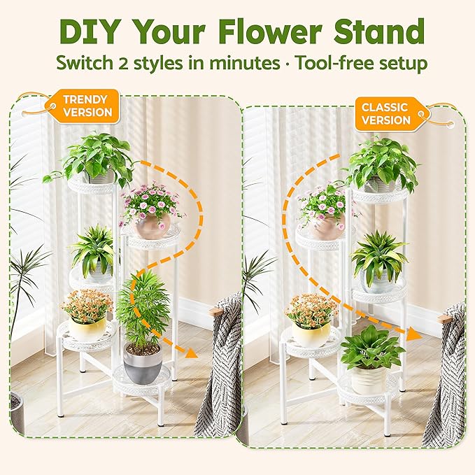 NQW Metal Plant Stand Indoor Outdoor, 5 Tier Tall Flower Pot Holder Potted Display Rack Shelf, Heavy Duty Corner Plant Shelf for Patio Garden Balcony Living Room Bedroom - WhiteWave