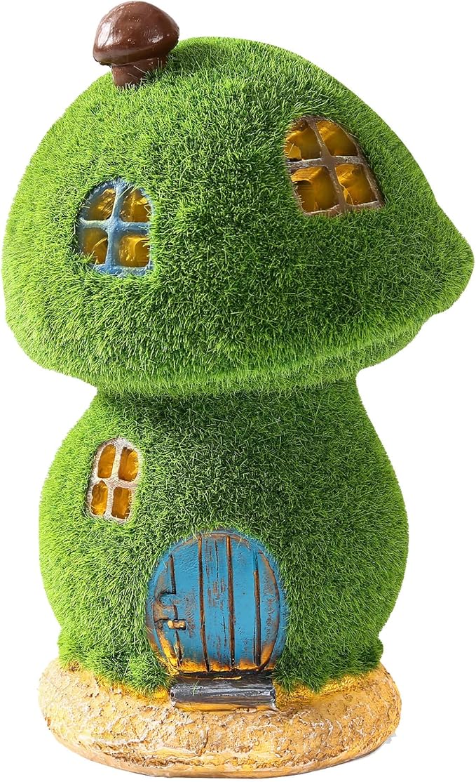 Darkdec Mushroom Fairy House Decor - Figurine Lights Outdoor Solar Fairy Garden House for Patio Lawn Yard Ornaments, Housewarming Gift 7.4 inch