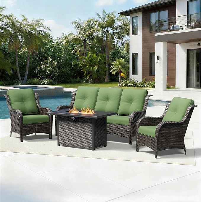 Joyside 4 Piece Wicker Patio Furniture Set with Fire Pit Table, Rattan Patio Chairs with High Back, Deep Seating, Wide Armrest, Thickened Cushions, Outdoor Furniture for Deck, Porch Use