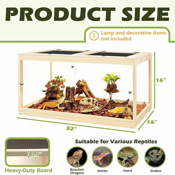 Prolee Tempered Glass Bearded Dragon Tank,Reptile Encloure and Snake Tank with Metal Mesh Roof Door,Locking Design Reptile Tank for Lizard,Gecko,Chameleon (Oak, 32 Gallon (32x16x16 Inch))