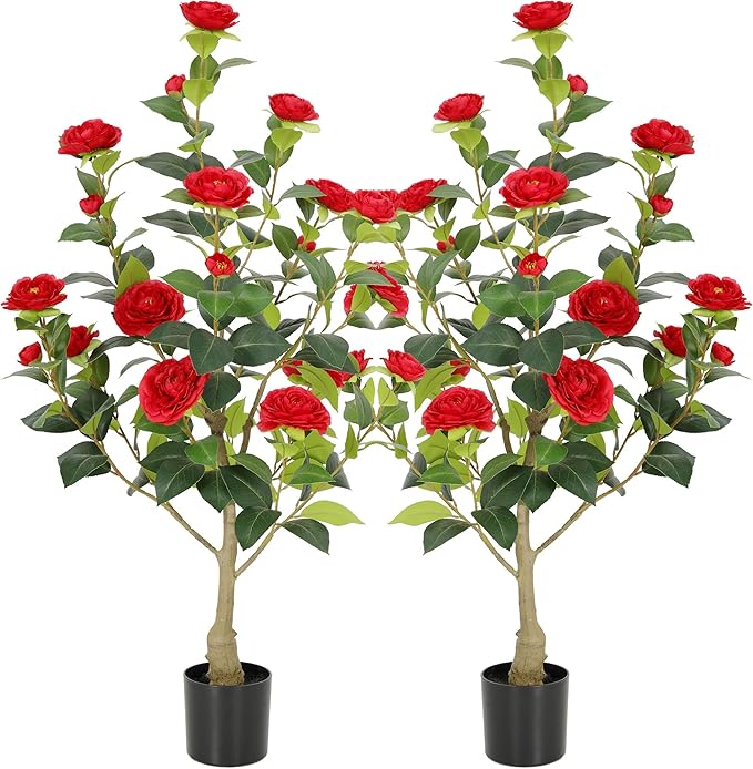 Nafresh 3FT Lush Artificial Red Camellia Tree Outdoor 2 Pack, 36inch Faux Camellia Plant, Fake Camellia Flowers Tree for Indoor Outdoor Living Room Home Patio Front Door Garden Decor