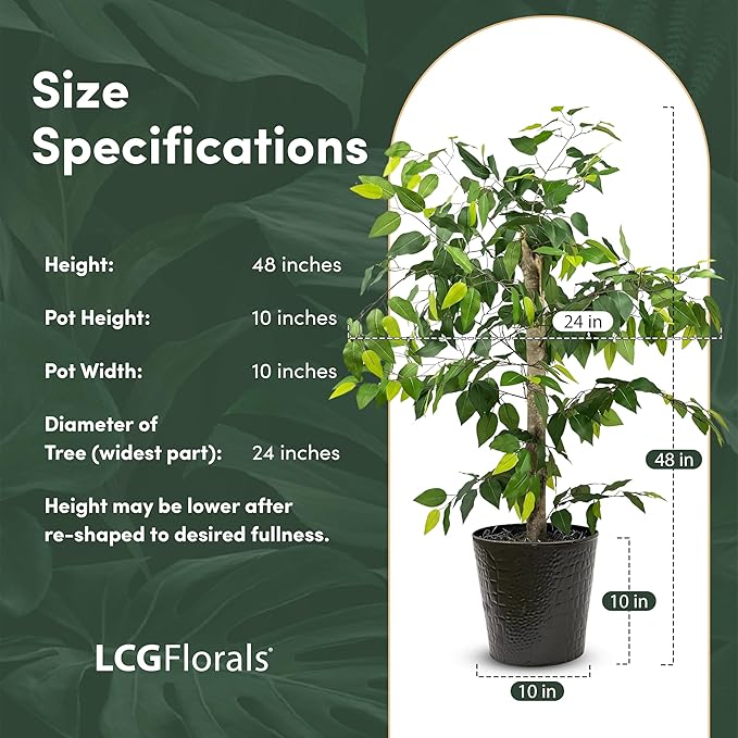 LCG Florals 4ft Ficus Tree in Black Metal Pot with Real-Wood Trunk - Indoor and Outdoor Faux Plants for Patio, Living Rooms, Offices & Outdoor Spaces