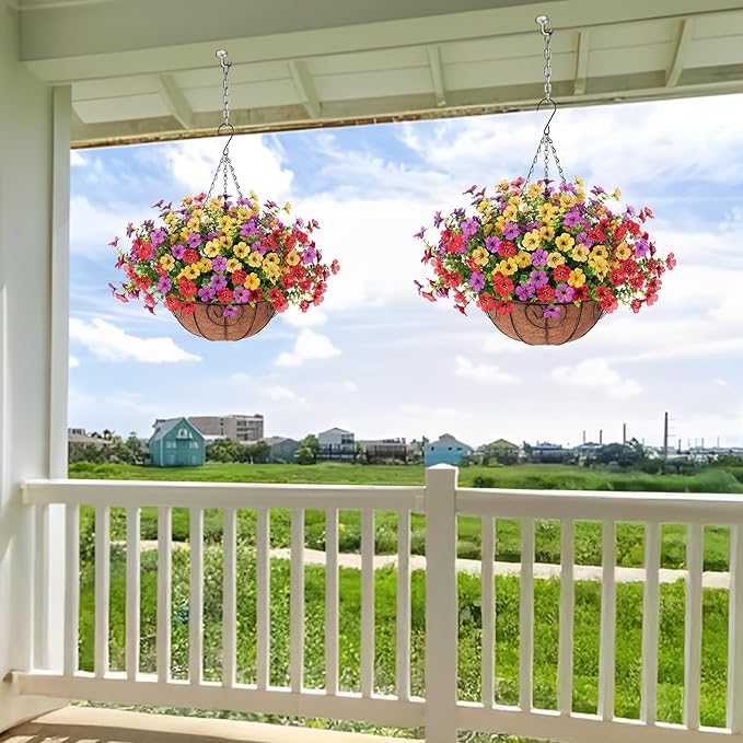 Artificial Flowers Hanging Basket for Outdoor Spring Decor, Fake Silk Mums Daisy with Eucalyptus in 12" Metal Coconut Lining Pot Arrangement for Home Patio Yard Decor(Purple Red Yellow)