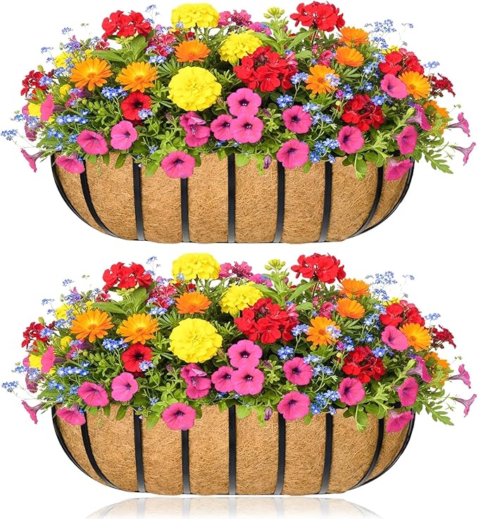 Window Box Railing Planter with Coco Liner 2 Pack 36 Inch Metal Hanging Flower Planter Deck Railing Planters Boxes for Balcony Outdoor Plants Fence Porch Patio
