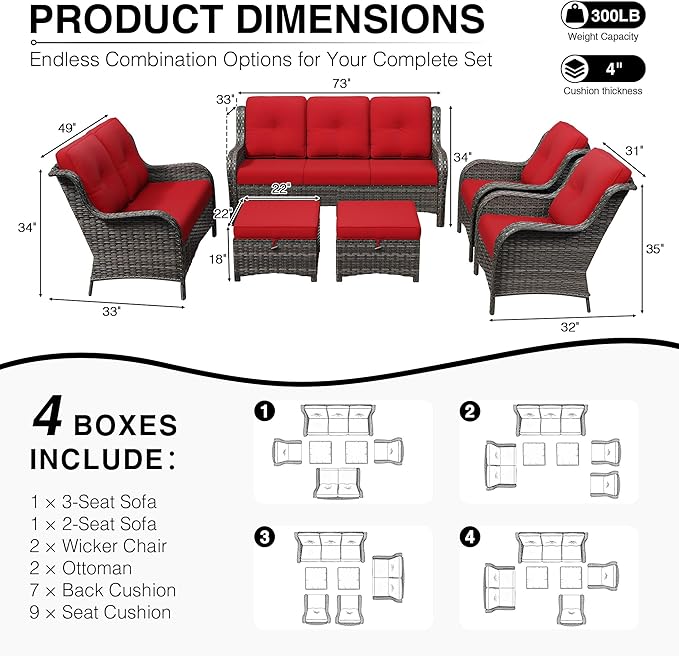 Joyside 6 Piece Wicker Patio Furniture Set, Rattan Patio Chairs with High Back, Deep Seating, Wide Armrest, Thickened Cushions, Outdoor Furniture for Deck, Porch Use