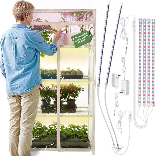 Carpathen Indoor Greenhouse with Grow Lights - 4 Tiers 27.2"L x 19.3"W x 54"H with 4 Dimmable 15W Full Spectrum LED Light Strips and 2 Gooseneck Clip-on Plant Lamp - Mini Greenhouse with Zip PVC Cover