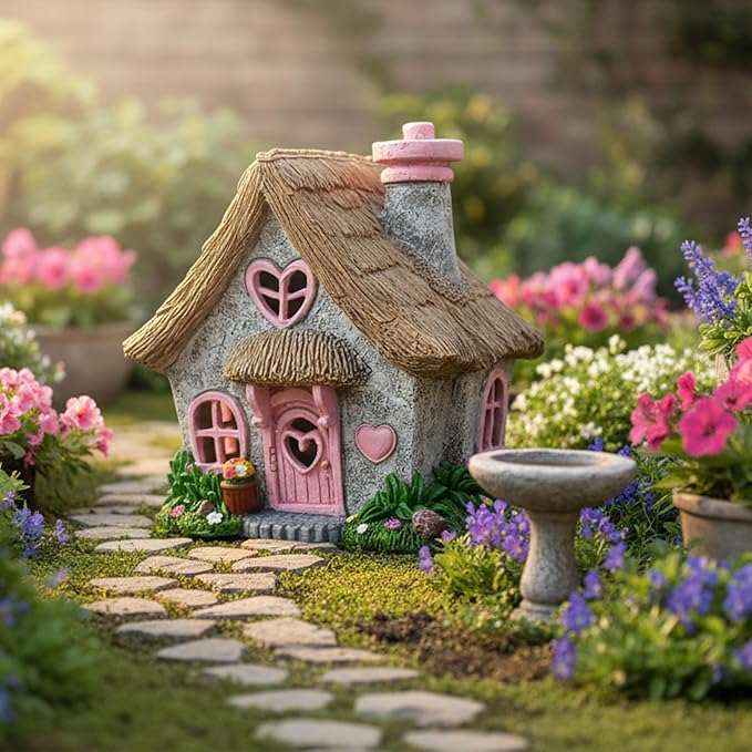 PRETMANNS Fairy House for Outside with Solar Powered LED Lights for Garden - Fairy Garden Houses for Outdoor - Miniature Accessories for Cottage Decor for Village - 7.56” High, Pink