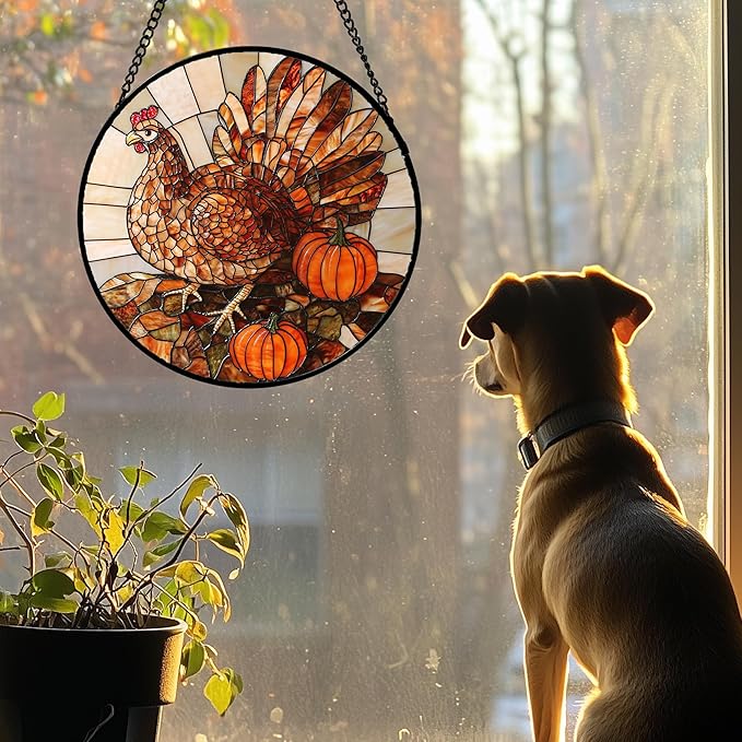 AMDERVEN Stained Glass Window Hanging 4 Pcs Set Brown Turkey Berry Corn Large 11.8" - Suncatcher Door Garden Sun Catcher Decor Birthday Thanksgiving Mother's Day for Mom Woman Nana Men