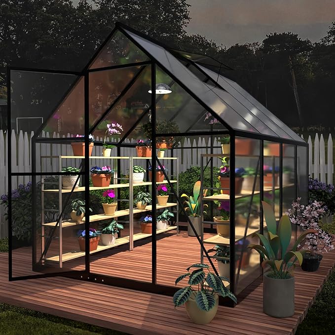 HOOYEAH Outdoor Polycarbonate Greenhouse, 6 x 10 FT Aluminum Frame Plant Green House with Locking Door & Roof Vent, Heavy Duty Winter Greenhouse for Backyard Gardening