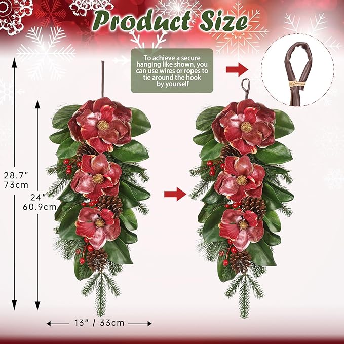 Briful 28.7 Inch Christmas Magnolia Flower Teardrop Swag – Red Magnolia Door Swag with Pine Cones Berries Artificial Christmas Hanging Teardrop for Xmas Home Holiday Front Door Outdoor Porch Decor