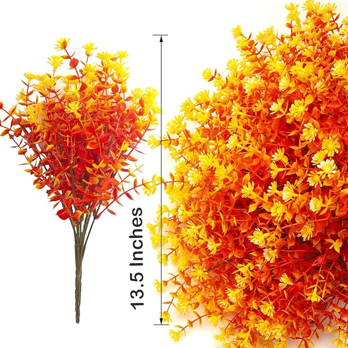 Grunyia 12 Bundles Artificial Fall Flowers No Fade Faux Autumn Plants, Fake Indoor Outdoor Greenery Decorations for Thanksgiving Christmas Wedding Party Home Garden Fireplace Décor (Fall Orange)