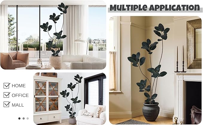Artificial Rubber Tree 7FT with 40 Glossy Leaves & 6 Heads & Black Pot Cover with Coconut Fiber Realistic Tall Large Faux Tropical Ficus Elastica Plant 84 Inch for Indoor Home Modern Decor