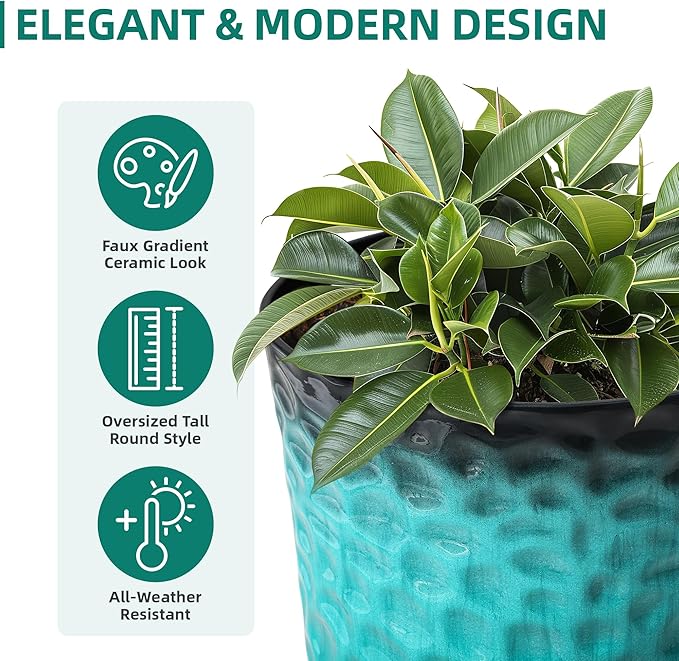 Ultym 23.75" H Large Tall Outdoor Planters, Set of 2 Plastic Large Flower Pots for Outdoor Plants, with Turquoise Teal Honeycomb Texture, Weather-Resistant for Porch, Garden, Patio or Indoor Use