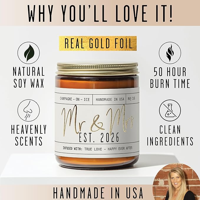 Wedding Gifts for Couples 2026, Bridal Shower Gifts from Bride - 'Mr and Mrs Est. 2026 Candle, w/Champagne on Ice I Wedding Shower for Newlyweds I 50Hr Burn, USA Made