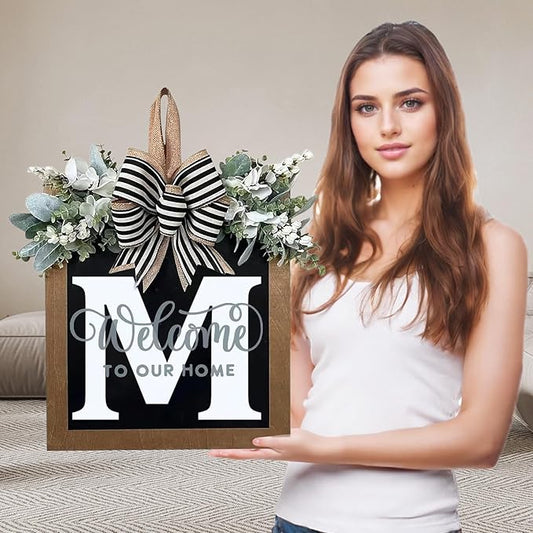 Ultra Large 14'' Last Name All Year Round Front Door Wreath with 26 Initial Letter Welcome Sign All Seasons Eucalyptus Garland and Bow Wreaths for Front Door Porch Farmhouse Decoration (M)