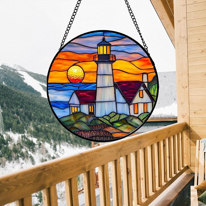 Stained Glass Window Hanging - Sea Lighthouse Suncatcher for Door Terrace Garden Home Decor Sunset Beach Scenery Sun Catcher Birthday Gifts for Lovers Women Men Dad Mom Nana 11.8 in