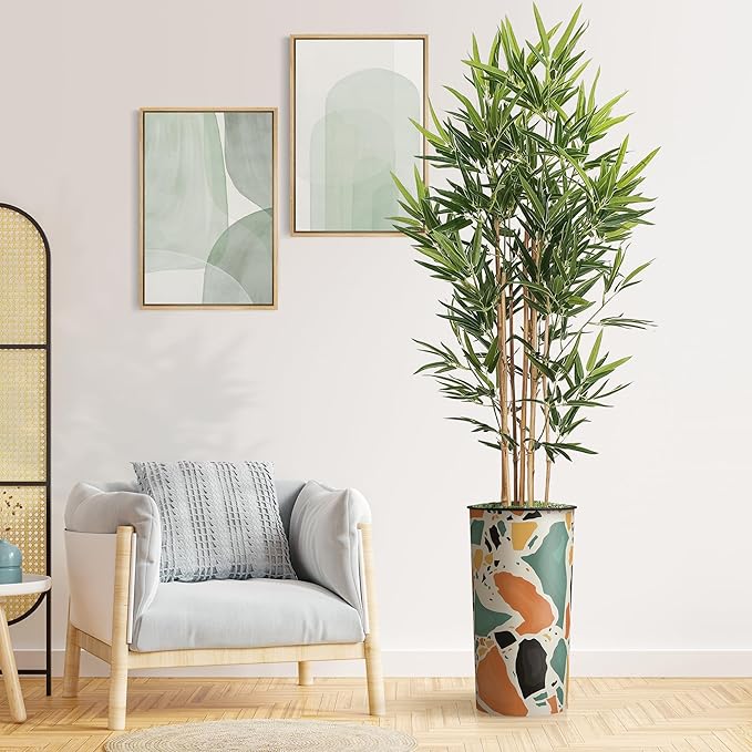 Artificial Tree in Modern Geometric Pattern Planter, Fake Bamboo Silk TRE for Indoor and Outdoor Home Decoration - 70" Overall Tall (Plant Pot Plus Tree)