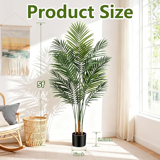 Artificial Palm Tree Indoor 5ft, Large Fake Tropical Areca Palm Tree with 13 Trunks, Faux Dypsis Lutescens Floor Plant in Pot for Indoor Outdoor Home Office Decor & Housewarming Gift
