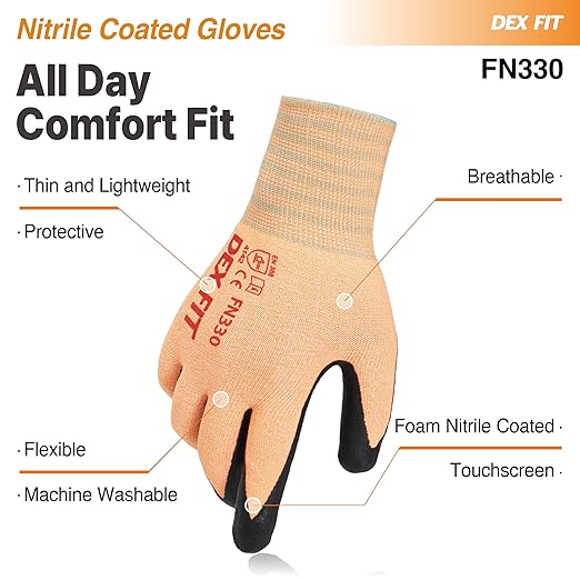 DEX FIT Nitrile Work Gloves FN330, 3 Pairs, 3D-Comfort Stretchy Fit, Firm Grip, Thin & Lightweight, Touch-Screen Compatible, Durable, Breathable & Cool, Machine Washable; Orange S (7)