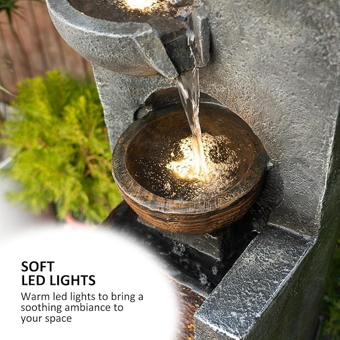 YZM 42.91" H Outdoor Water Fountain with LED Lights 4-Tier Cascading Bowl Waterfall for Garden, Patio, Deck, Porch, Yard, or Indoor Decor