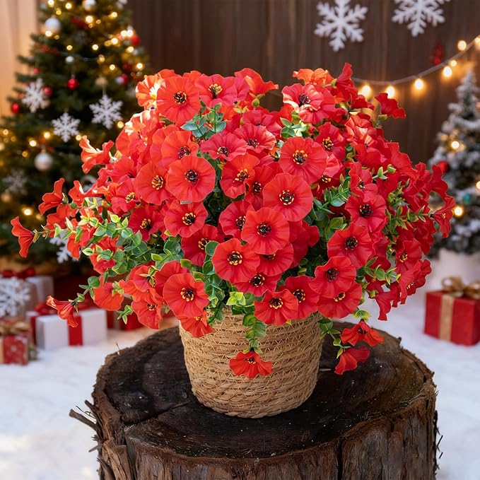 VDVST Artificial Flowers for Outdoors,UV Resistant Artificial Outdoor Flowers,Not-Fading Faux Flowers for Outdoor Planters for Front Door Porch Yard Patio Garden Home Decor,12 Bundles,Red