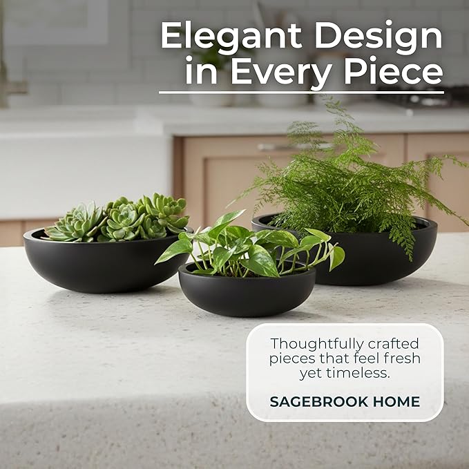 Set of 3 Decorative Resin Planter Pots – Minimalist Sleek Finish Design – Indoor Outdoor Plant Holders – Contemporary Modern Pot Set for Living Room, Entryway, Patio or Garden – 6", 5", 4", Black