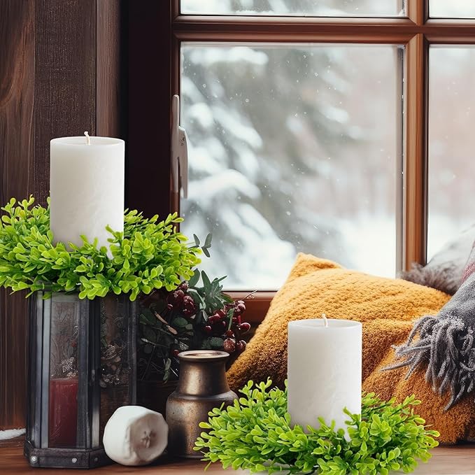 6 Pcs Artificial Boxwood Candle Rings Wreaths Mini Green Kitchen Cabinet Wreath Table Centerpieces Spring Summer Wreaths for Front Door Porch Outside All Season Farmhouse Wedding Party Decor