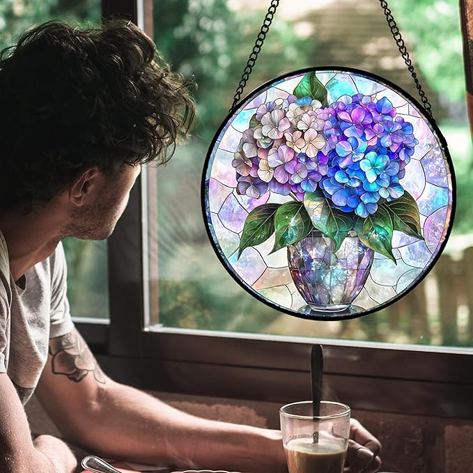 HWRHTR Stained Glass Window Hanging, Blue Purple Hydrangea Flowerpot Suncatcher for Doors Home Sun Catchers Decoration and Christmas, Mother's Day Birthday Gifts for Women, Men, and Mom 11.8 in