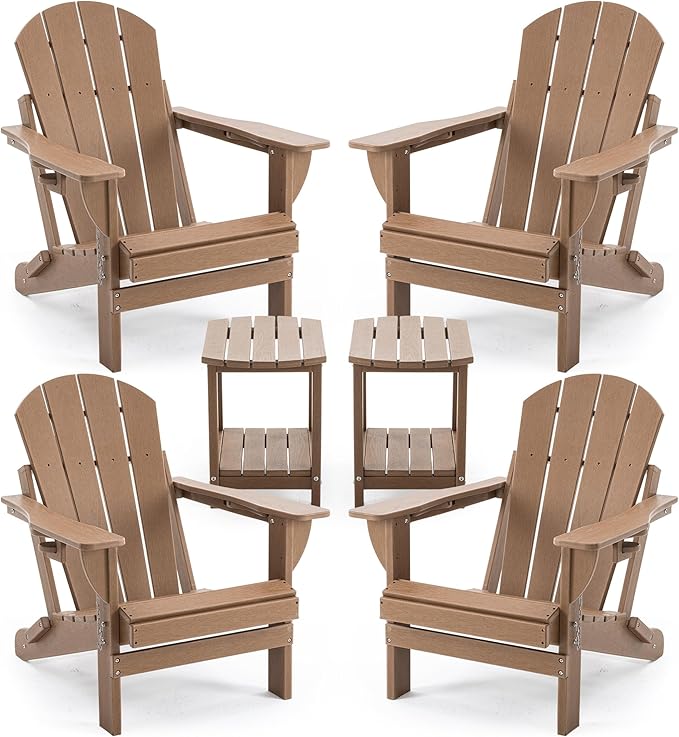 Folding Adirondack Chair Set with Side Table - HDPE Outdoor Patio Chairs, Weatherproof Chair with Reclining Back, Cup & Phone Holder, and 2-Tier Storage End Table for Firepit or Garden (Brown)
