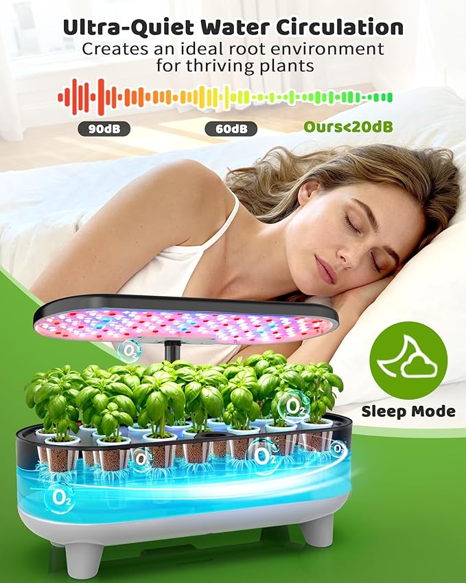 Hydroponics Growing System Kit, 16 Pods, Vertical 8L Indoor Gardening System for Herb Vegetable Fruit, with LED Grow Light, Smart Water Circulation, 3 Light Modes & 2 Timer, Black