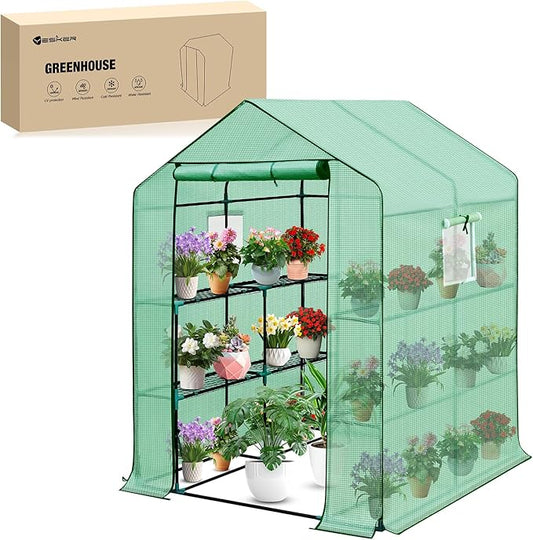 Yesker Greenhouse 57.5"x57"x77" Walk in Green House - Large Outdoor/Indoor Greenhouses with 8 Shelves Waterproof PE Cover & Windows, Portable Greenhouse Kit for Winter Backyard Gardening Patio, Green