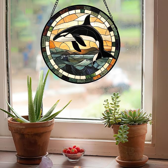 Stained Glass Window Hanging Ocean Wave Killer Whale 7.8" - Suncatcher Door Garden Sunroom Sun Catcher Home Decor Birthday Christmas for Mom Men Woman Nana