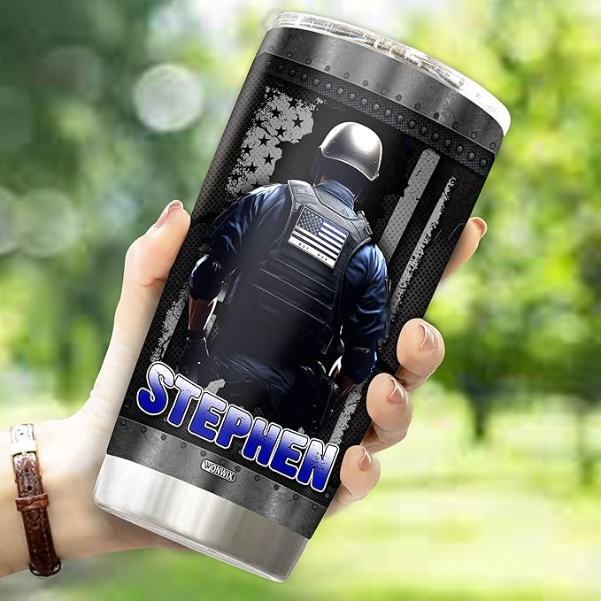WONWIX Personalized Police Tumbler Gifts for Men 20oz with Lid Travel Cup Coffee Mug Stainless Steel Insulated Water Bottle Gift for Police Man Dad Father Boy Friends