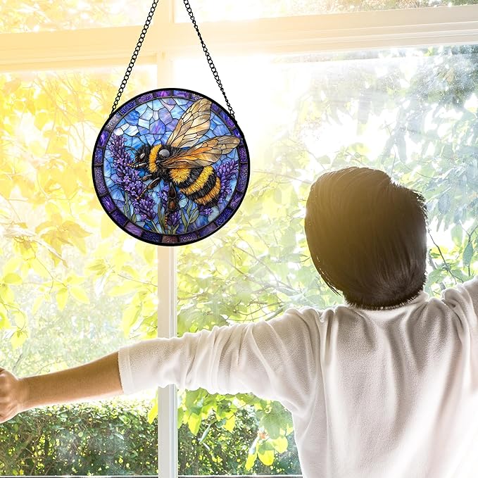 DASTOLL Stained Glass Window Hanging, Bee Lavender Sun Catchers Diamond Glass Panel Hangings Insect Suncatcher Decor for Birthday for Women, Men, Wife, Aunt, and Mom 6.3 in