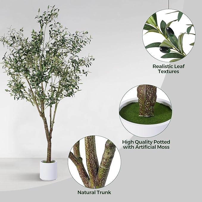 Jocoevol Artificial Olive Tree 7FT, Indoor Fake Silk Plant with Realistic Trunk, Leaves, Fruits and White Planter, Faux Potted Tree for Home Decor and Housewarming Gift, 1 Pack