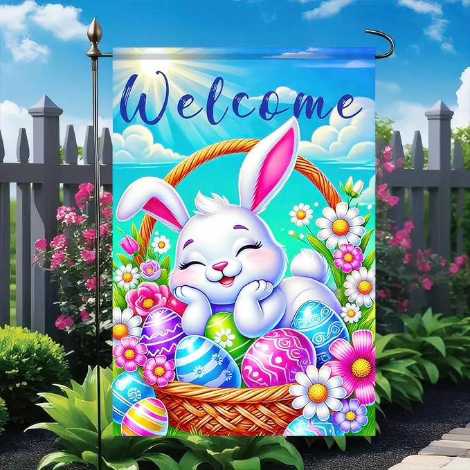 Happy Easter Bunny Garden Flag 12x18 Double Sided Sleepy Bunny Easter Egg Rabbit Easter Garden Flag Outdoor Flag Seasonal Decors for Spring Farmhouse Holiday Yard Outside Decorative Banner