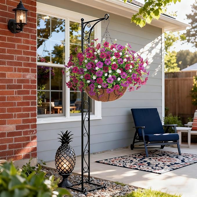 Artificial Fake Flowers Basket for Spring Outdoor Decor, Faux Mums Floral Hanging Plant for Summer Outside Decor, Silk Daisy with Eucalyptus Leaves for Home Patio Garden