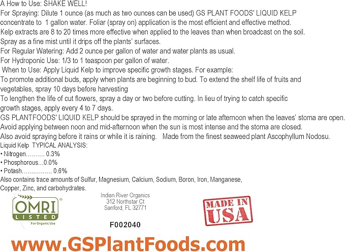 Liquid Kelp Organic Seaweed Extract Fertilizer OMRI Listed 1 Gallon Concentrate