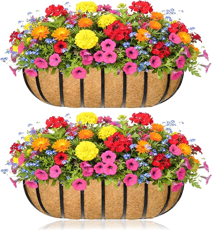 Window Box Railing Planter with Coco Liner 2 Pack 16 Inch Metal Hanging Flower Planter Deck Railing Planters Boxes for Balcony Outdoor Plants Fence Porch Patio
