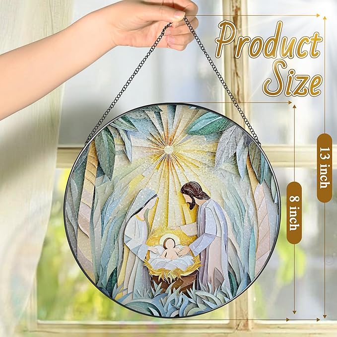 Stained Glass Suncatcher, Nativity Scene Sun Catcher Ornament; Stained Glass Window Hanging, Christmas Ornament, Holy Family Decoration; Christian Gifts, Religious Gifts, Christian Holiday Decor