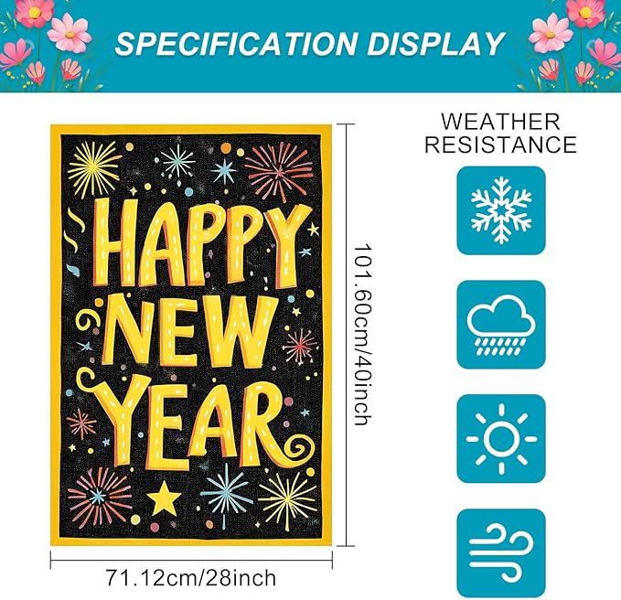 Happy New Year House Flag 28x40 Inch Double Sided Garden Flag Colorful Fireworks Gold Letter Design Winter Holiday Yard Banner Large Outdoor Polyester Flag for Porch Lawn Home Decoration