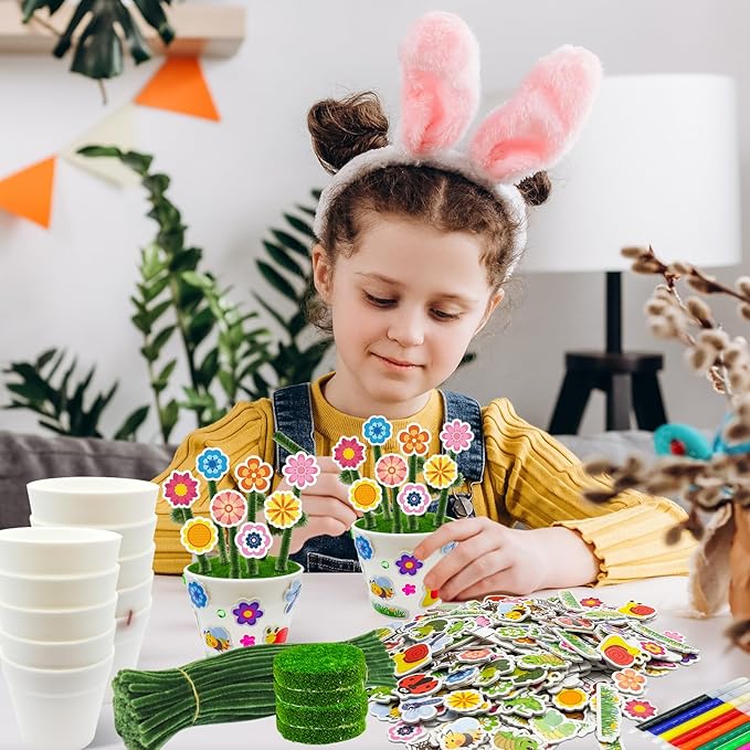 Cinrobiye 24 Set Garden Plastic Pot Craft Kit，DIY Flower Plant Crafts with Adhesive Foam Stickers, Pipe Cleaners, Flower Growing Kit for Spring & Summer, Home & School Creative Art Project Activities