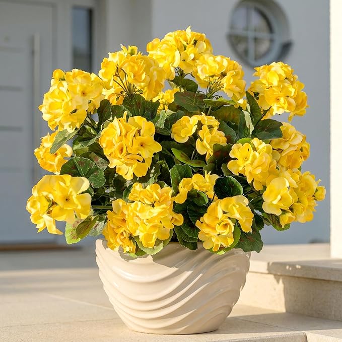 Uqueeten 4PCS Fake Flower Artificial Geranium,Artificial Flowers for Outdoors, Geraniums Artificial Flowers Realistic,Artificial Geraniums for Outdoors Fake Plant Decoration((Yellow) 14.4"