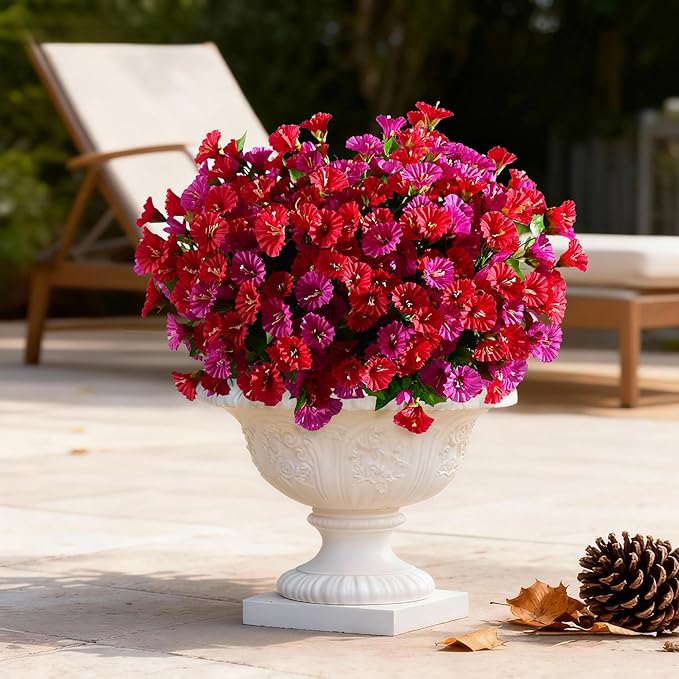 Artificial Morning Glory Flowers Plants for Outdoor 8 Pcs Faux Silk Petunias Flower Realistic Faux Flowers Plants for Outside Planter Porch Yard Patio Balcony Home Indoor Decor (8 Pcs Red+Purple)
