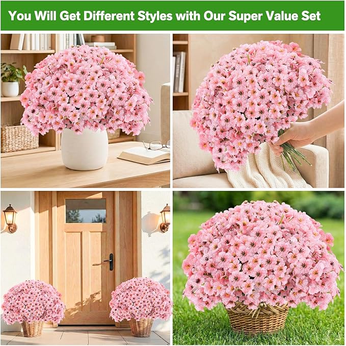 22 Pack Artificial Flowers Outdoor, Faux Flowers UV Resistant with Plastic Plants, Faux Silk Flowers for Outdoors Outside Front Porch Hanging Planter Window Box Garden Decoration(Pink)