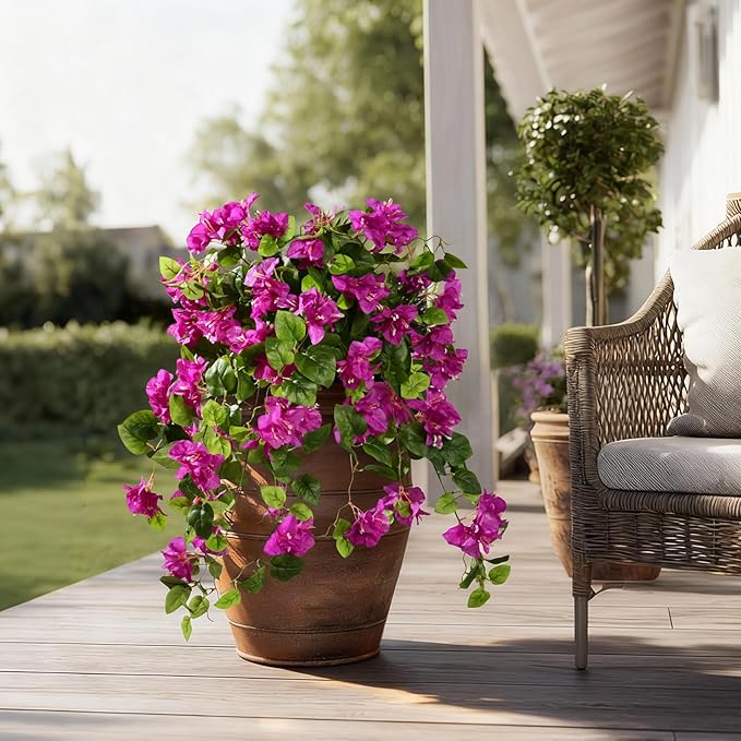 Bougainvillea Artificial Hanging Flowers for Outdoor 3 Pcs Faux Bougainvillea Flowers Fake Hanging Plants Silk Flowers Long Trailing Vines for Front Door Porch Planter Patio Balcony (Dark Purple)