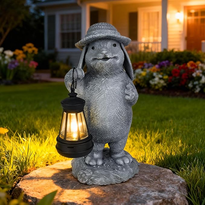 Solar Rabbit Garden Statue with Hanging Lantern - Funny Outdoor Bunny Figurine Easter Decor- Waterproof Resin Sculpture for Yard, Patio, Pathway - Unique Housewarming Gift for Women, Mom & Grandma